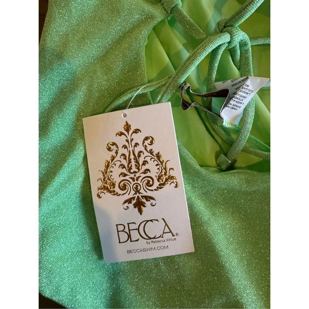 NWT BECCA Glimmer Shoulder One Piece Swimsuit Sparkly Lime Green Cutout Small